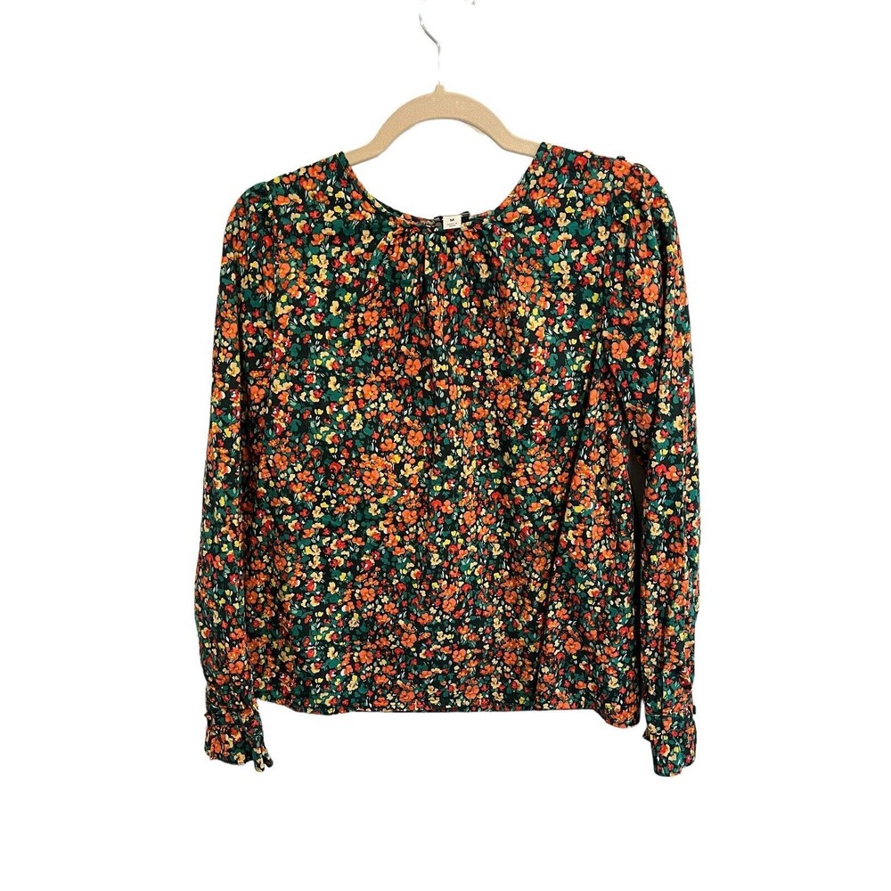 J CREW Factory Womens Puff-Sleeve Ruffle Top Floral OId Forest Coral Long Slv M